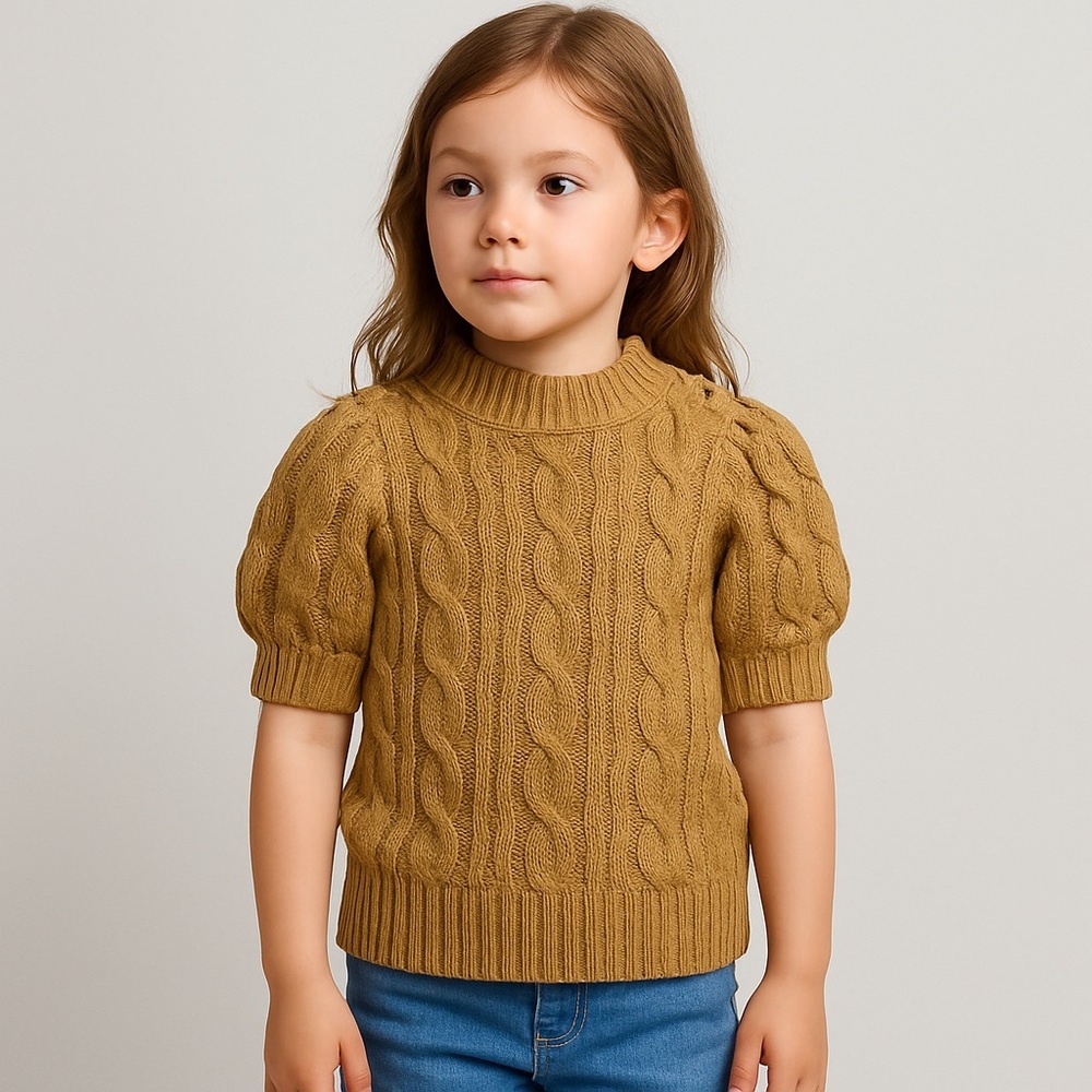 Janie and Jack Girls Tan Cable Knit Sweater Sz 5 Puff Sleeve Gold Button